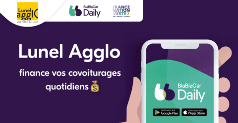 Visuel d'une main sur fond violet, tenant un téléphone mobile avec l'application Blablacar Daily pour illustrer les financements de Lunel Agglo pour vos covoiturages quotidiens sur le territoire.